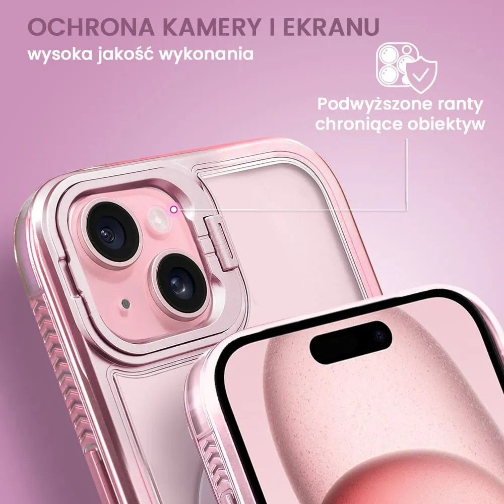 Etui do iPhone 15 solidne, pogrubione boki, wbudowana podstawka, twardy tył z MagSafe, różowe