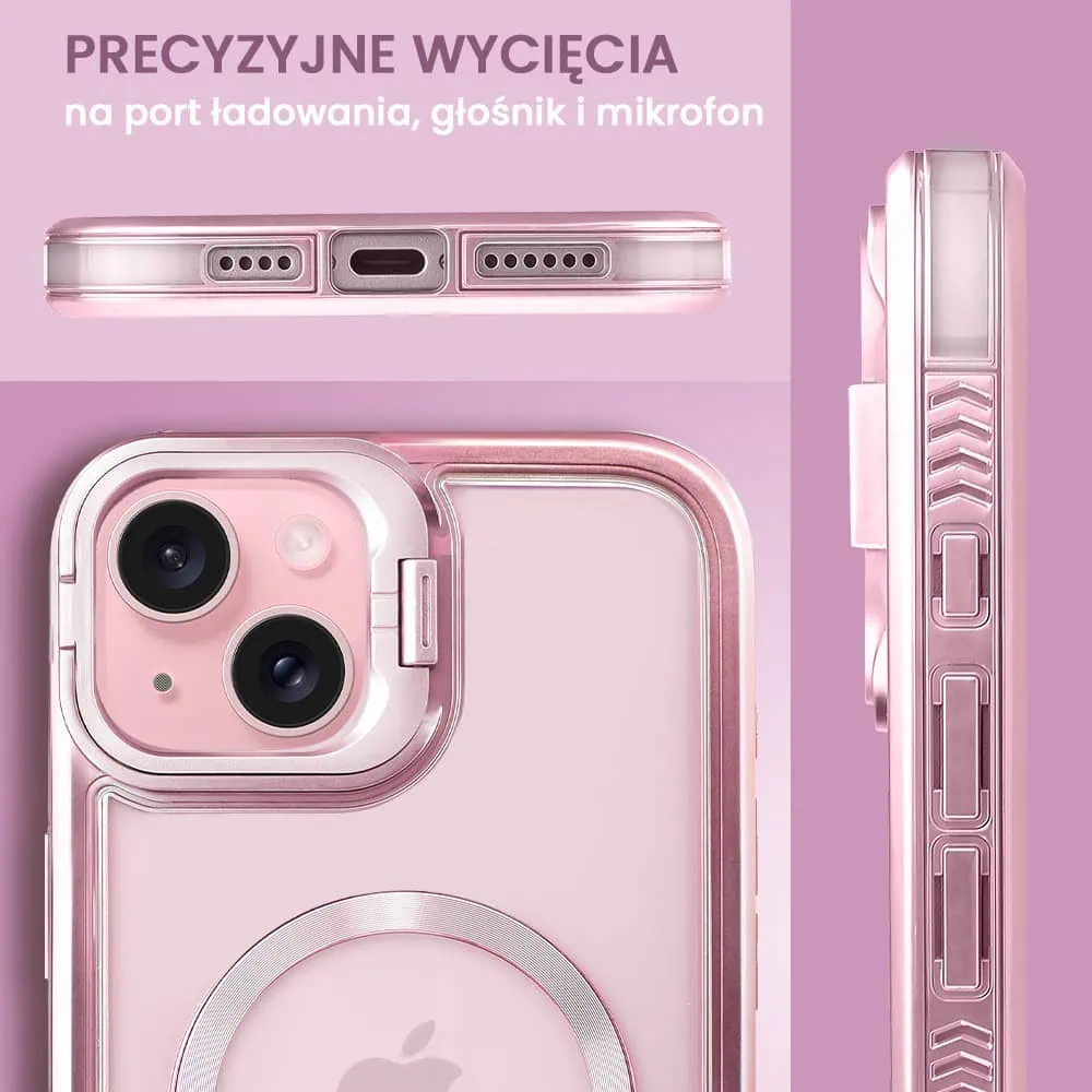 Etui do iPhone 15 solidne, pogrubione boki, wbudowana podstawka, twardy tył z MagSafe, różowe