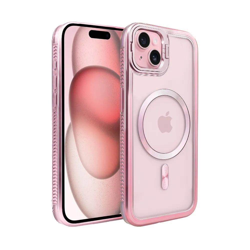 Etui do iPhone 15 solidne, pogrubione boki, wbudowana podstawka, twardy tył z MagSafe, różowe