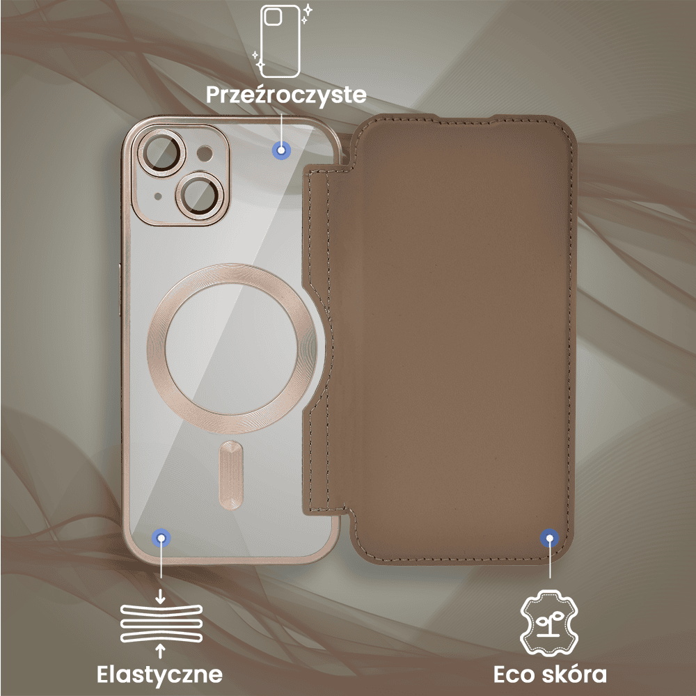 Etui do iPhone 15 typu książka Book Magsafe Lens Protect, z klapką, pustynny brąz