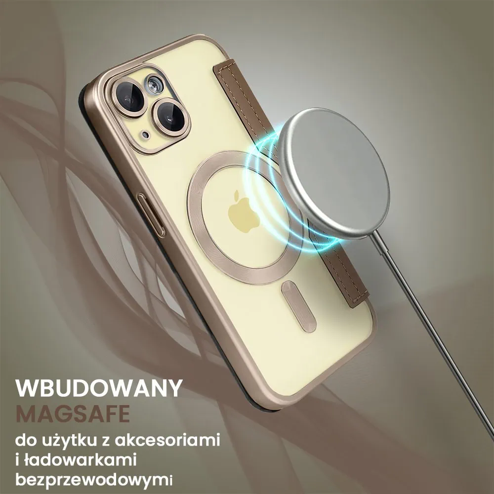 Etui do iPhone 15 typu książka Book Magsafe Lens Protect, z klapką, pustynny brąz