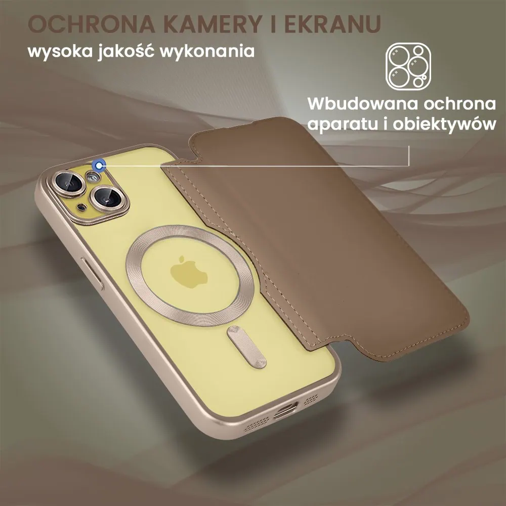 Etui do iPhone 15 typu książka Book Magsafe Lens Protect, z klapką, pustynny brąz