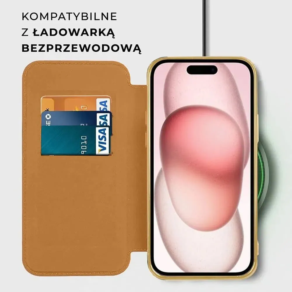 Etui do iPhone 15 Plus typu książka Book Magsafe Lens Protect, z klapką, złote