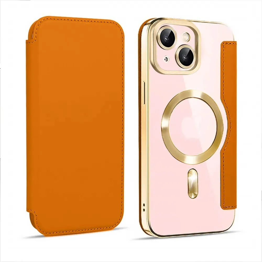 Etui do iPhone 15 Plus typu książka Book Magsafe Lens Protect, z klapką, złote