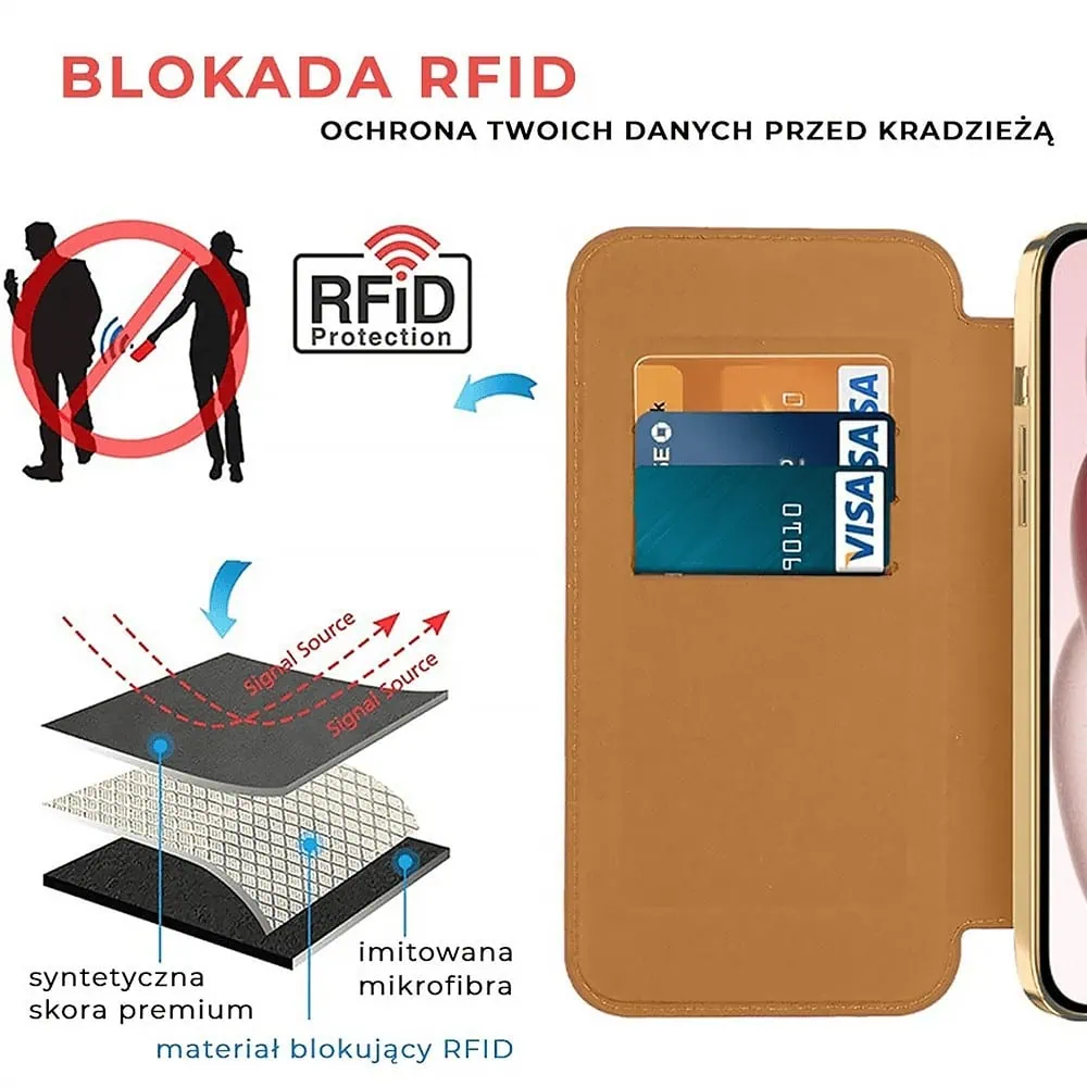 Etui do iPhone 15 Plus typu książka Book Magsafe Lens Protect, z klapką, złote