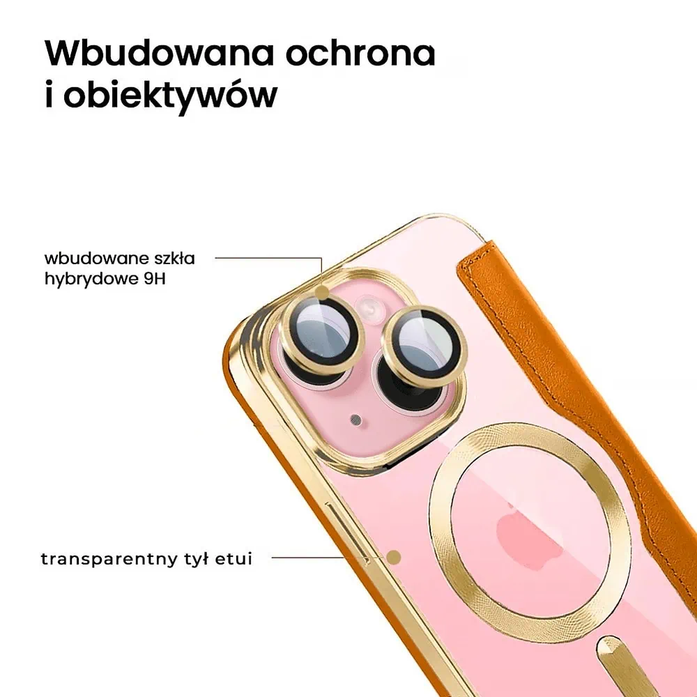 Etui do iPhone 15 Plus typu książka Book Magsafe Lens Protect, z klapką, złote