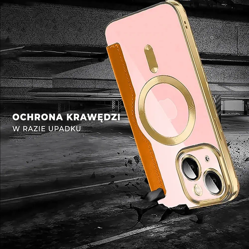 Etui do iPhone 15 Plus typu książka Book Magsafe Lens Protect, z klapką, złote