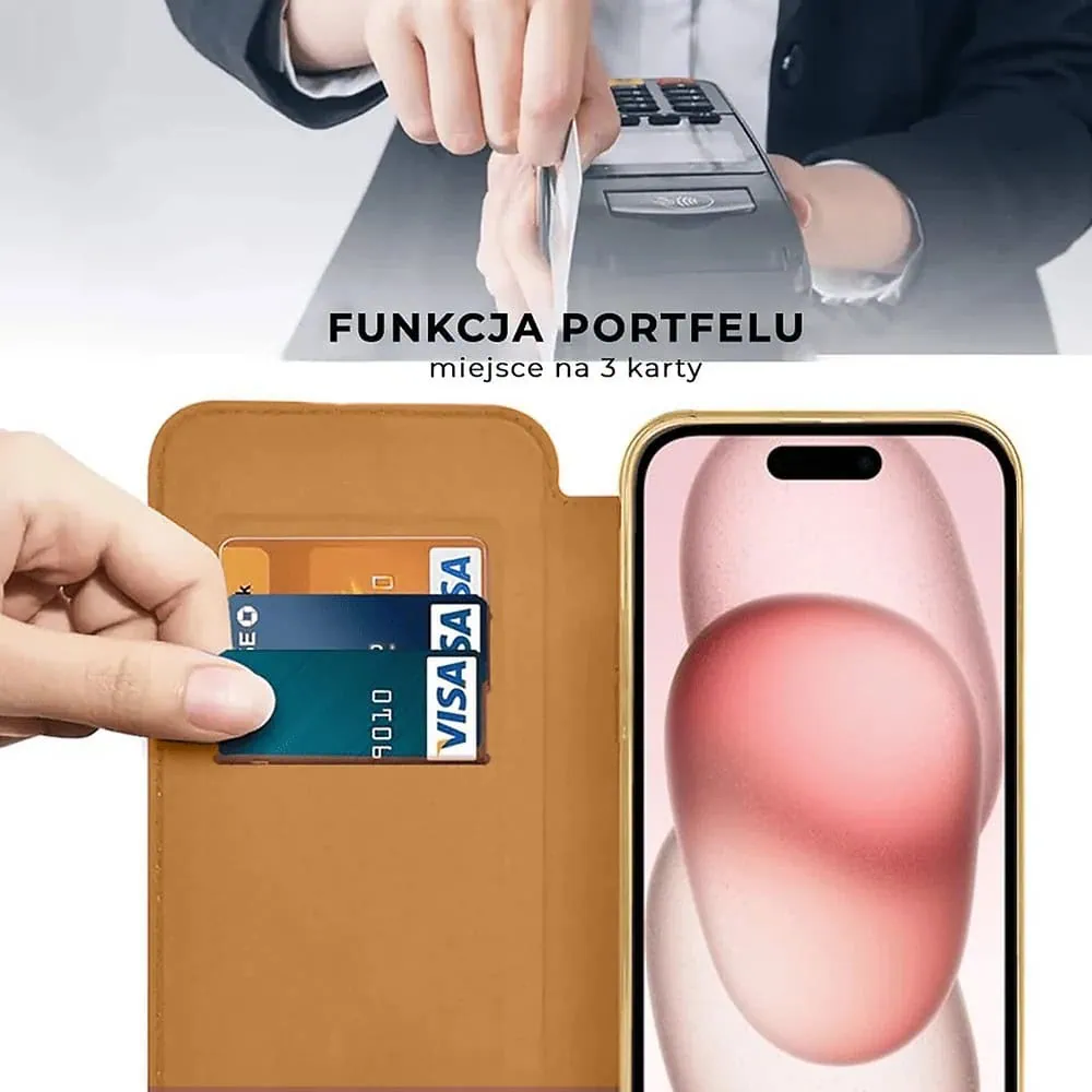 Etui do iPhone 15 Plus typu książka Book Magsafe Lens Protect, z klapką, złote
