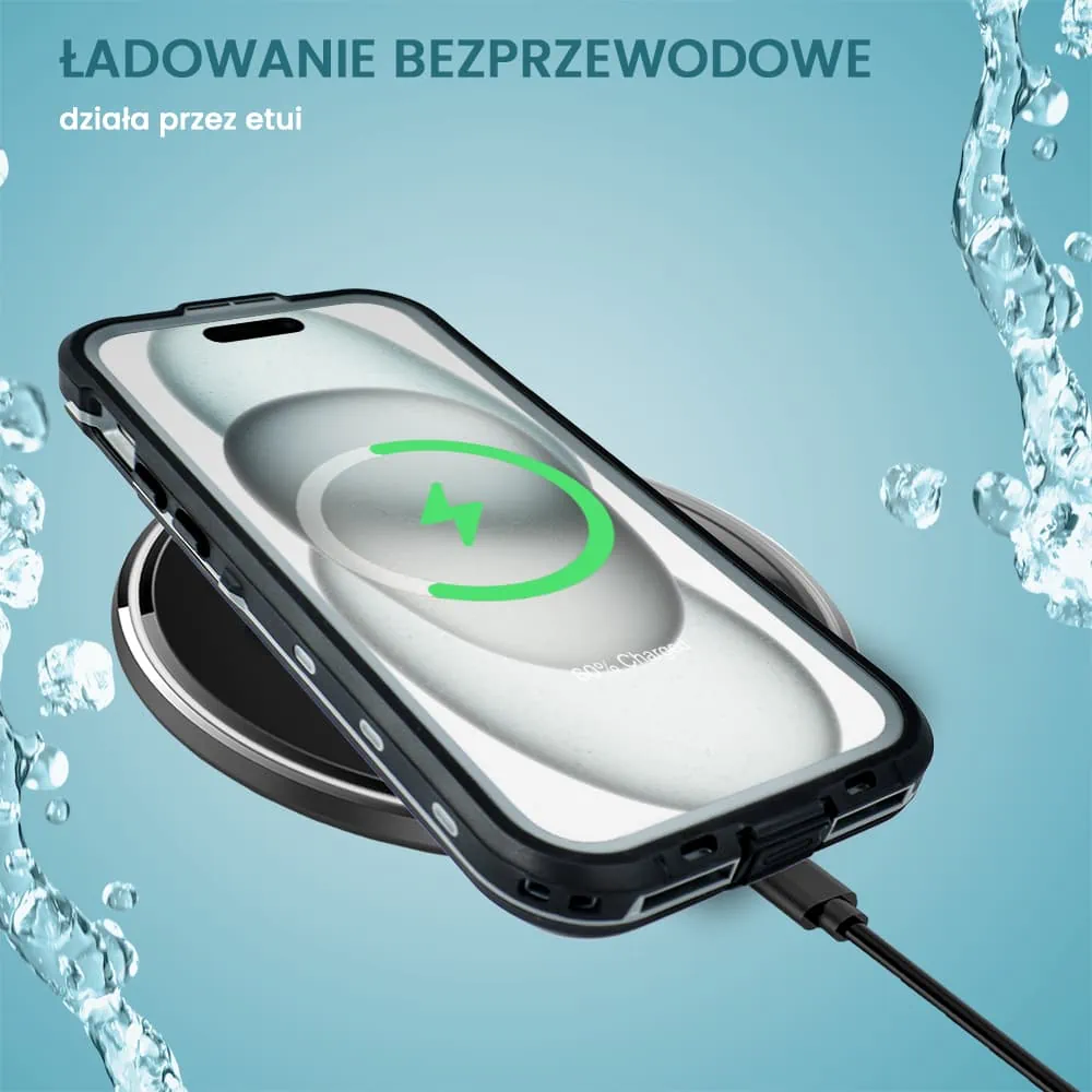 Etui do iPhone 15 wodoodporne z MagSafe, pancerne, przeźroczyste, czarne