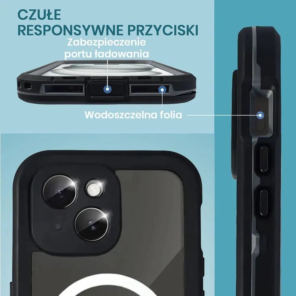 Etui do iPhone 15 wodoodporne z MagSafe, pancerne, przeźroczyste, czarne
