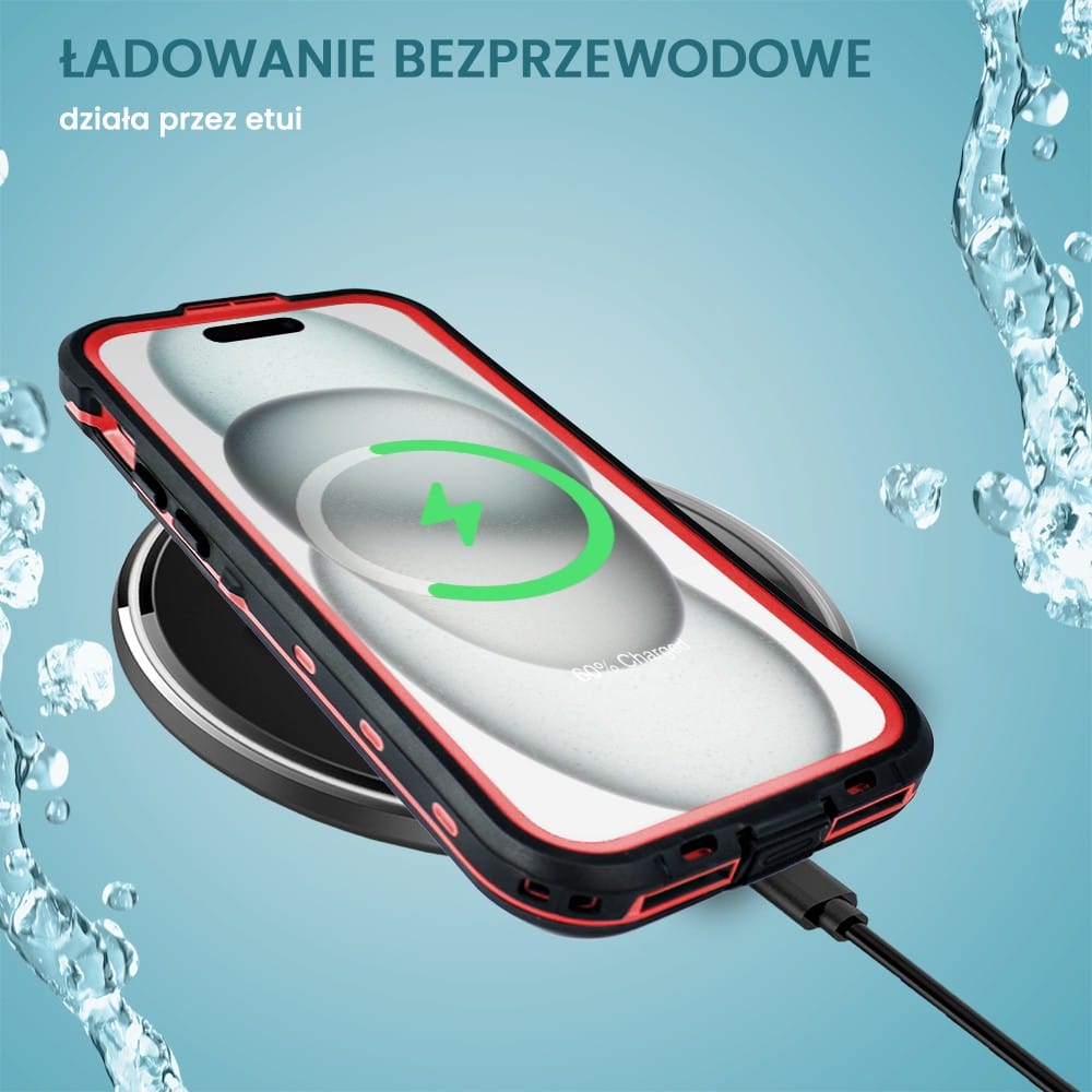Etui do iPhone 15 wodoodporne z MagSafe, pancerne, przeźroczyste, czerwone