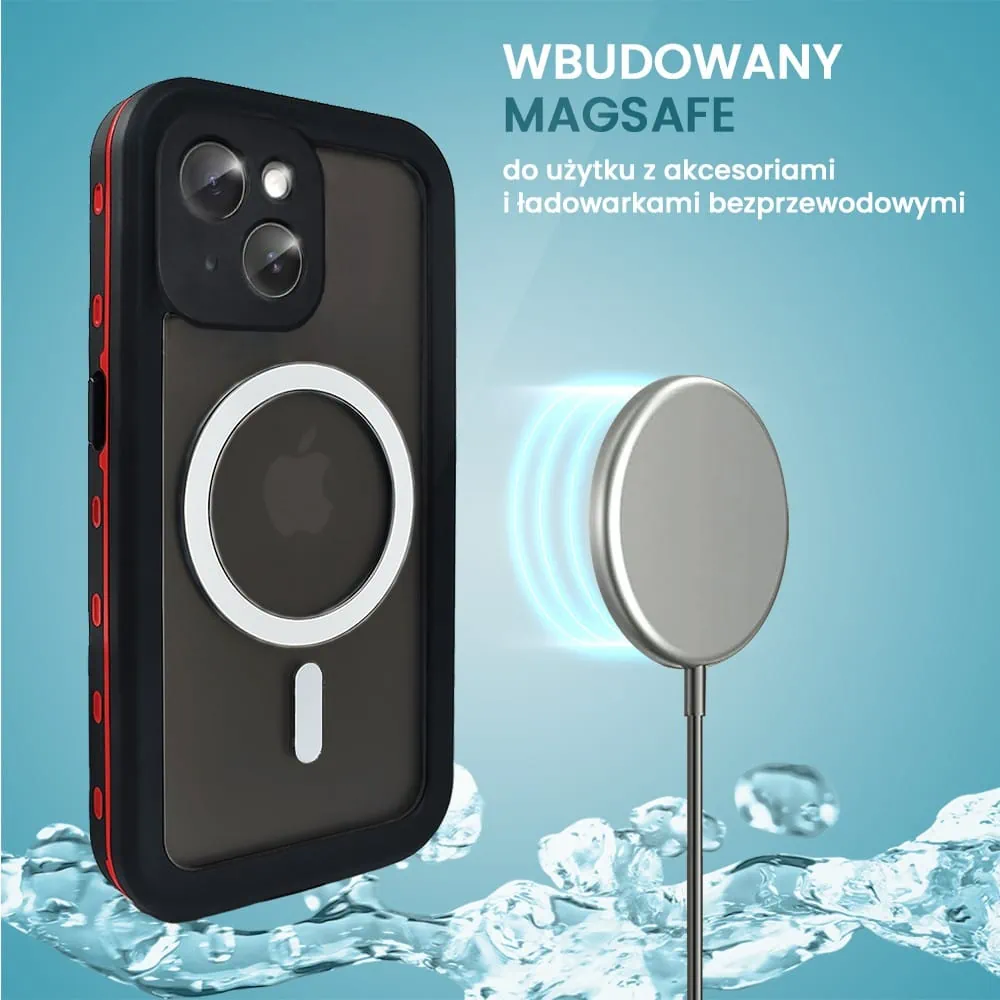 Etui do iPhone 15 wodoodporne z MagSafe, pancerne, przeźroczyste, czerwone