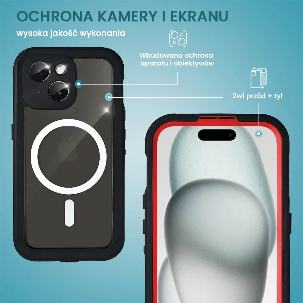 Etui do iPhone 15 wodoodporne z MagSafe, pancerne, przeźroczyste, czerwone