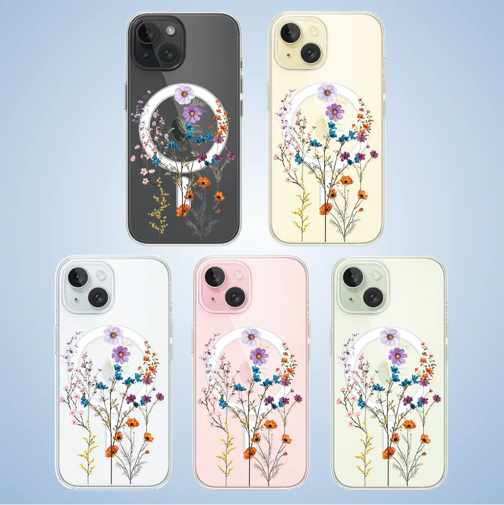 Etui do iPhone 15 z MagSafe, kwiaty różnokolorowe, przeźroczyste