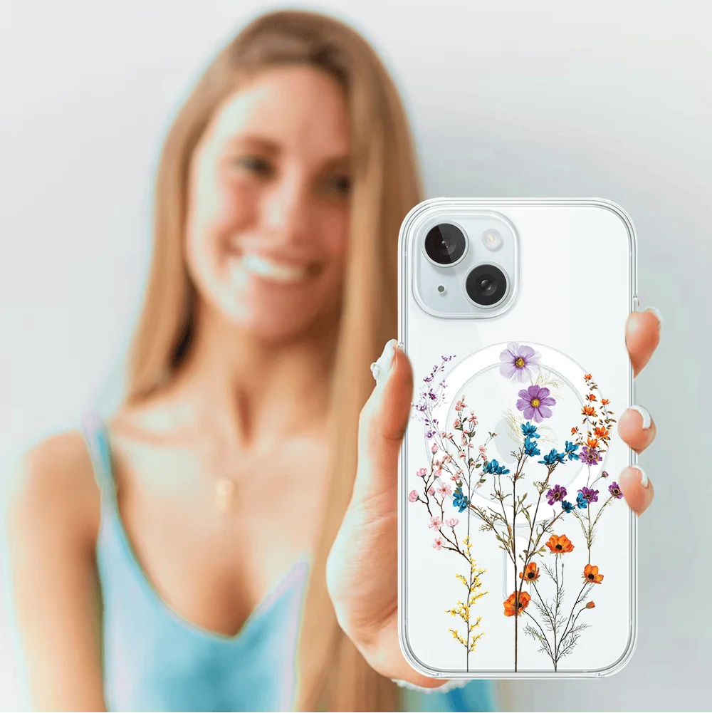 Etui do iPhone 15 z MagSafe, kwiaty różnokolorowe, przeźroczyste