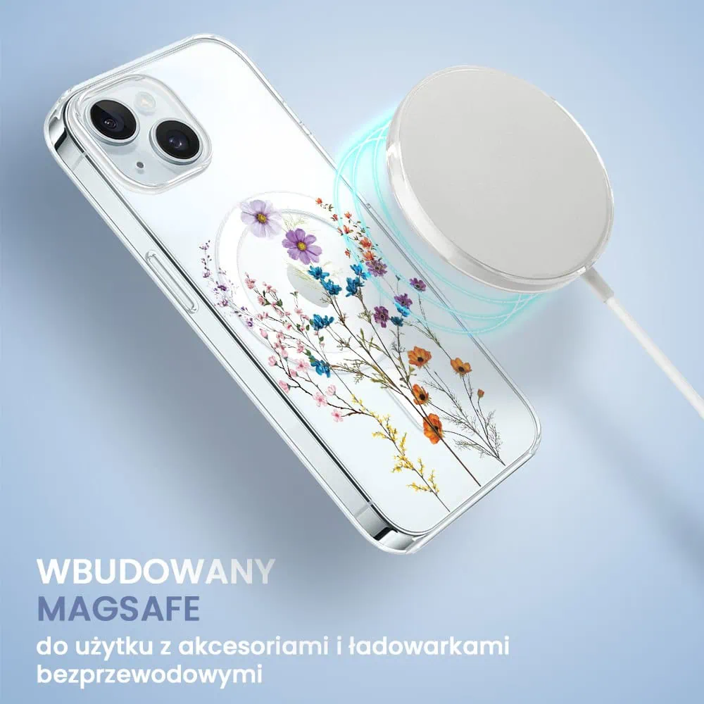 Etui do iPhone 15 z MagSafe, kwiaty różnokolorowe, przeźroczyste
