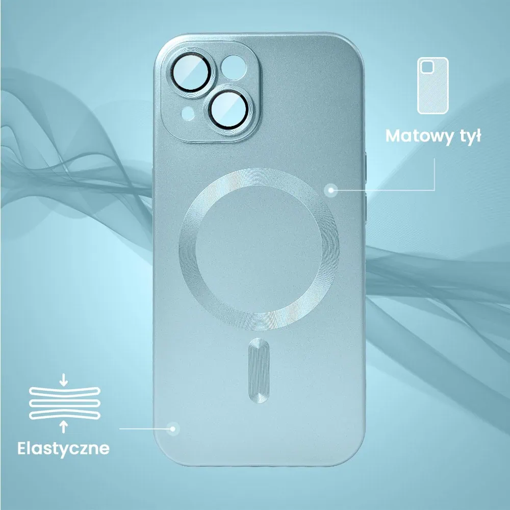 Etui do iPhone 15 Plus z Magsafe, cienkie, metaliczne, z osłoną aparatu, błękitne