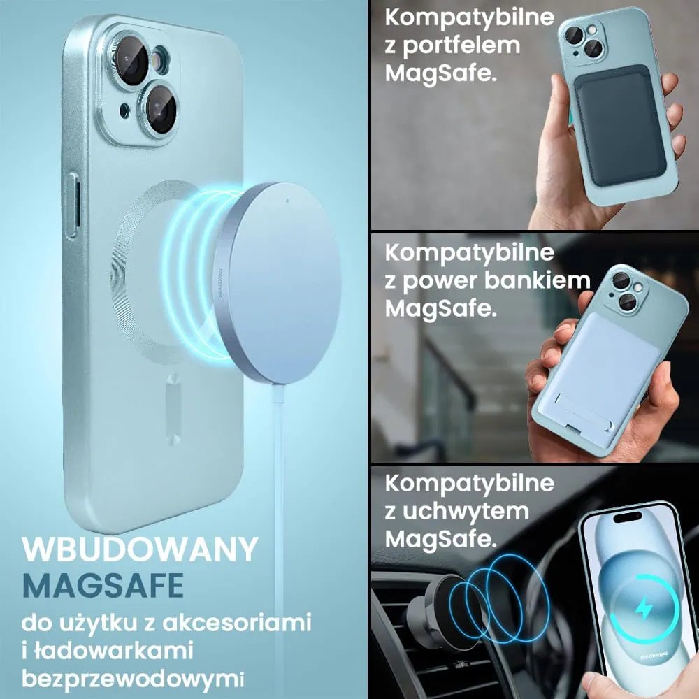 Etui do iPhone 15 Plus z Magsafe, cienkie, metaliczne, z osłoną aparatu, błękitne
