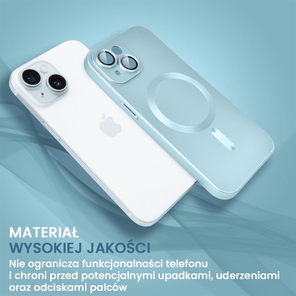 Etui do iPhone 15 Plus z Magsafe, cienkie, metaliczne, z osłoną aparatu, błękitne