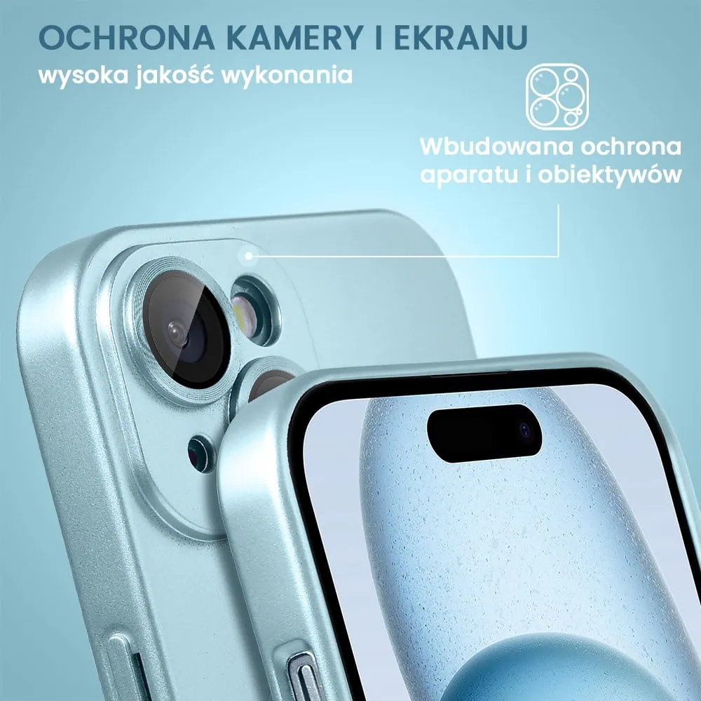 Etui do iPhone 15 Plus z Magsafe, cienkie, metaliczne, z osłoną aparatu, błękitne