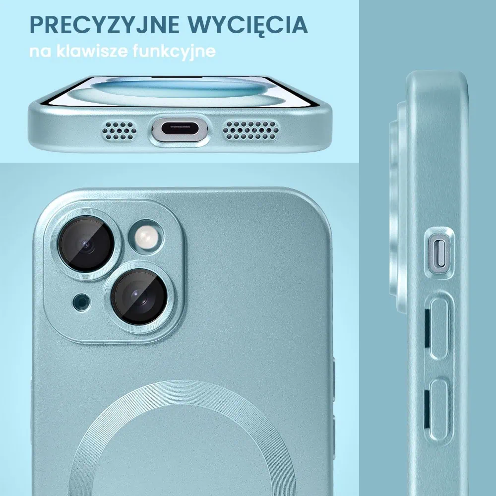 Etui do iPhone 15 Plus z Magsafe, cienkie, metaliczne, z osłoną aparatu, błękitne