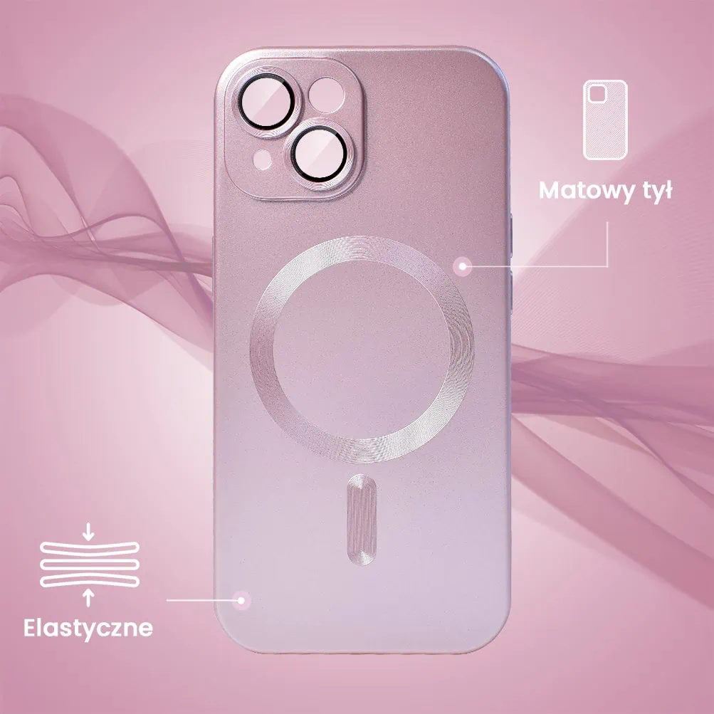 Etui do iPhone 15 z Magsafe, cienkie, metaliczne, z osłoną aparatu, złoty róż