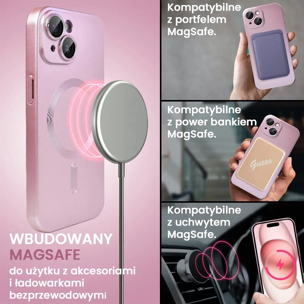 Etui do iPhone 15 z Magsafe, cienkie, metaliczne, z osłoną aparatu, złoty róż