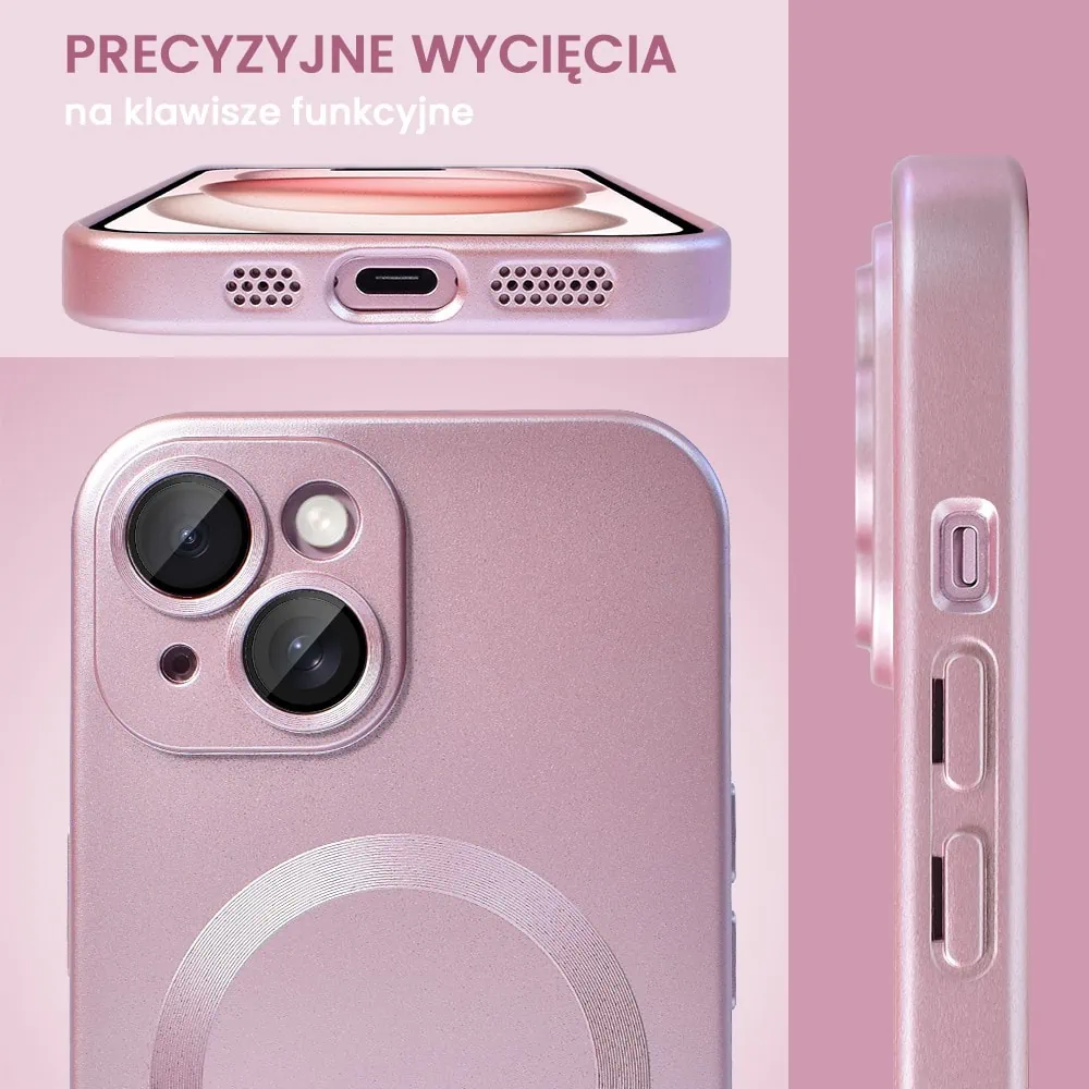 Etui do iPhone 15 z Magsafe, cienkie, metaliczne, z osłoną aparatu, złoty róż