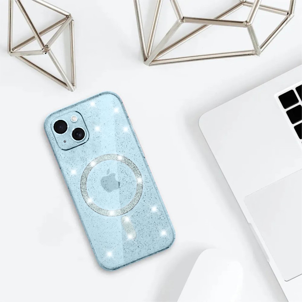Etui do iPhone 15 z Magsafe, przeźroczyste, błyszczący brokat, niebieskie