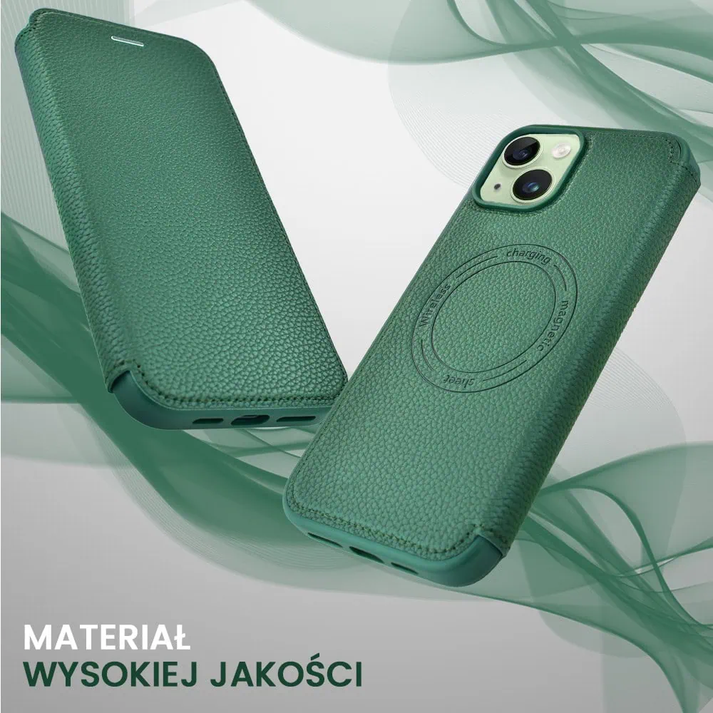 Etui do iPhone 15 z klapką Solid MagSafe Book, typu książka, zielone