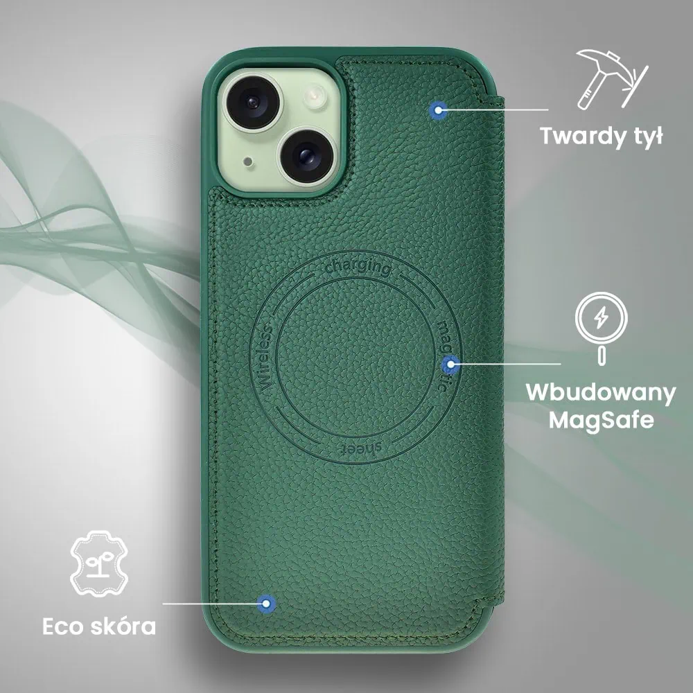 Etui do iPhone 15 z klapką Solid MagSafe Book, typu książka, zielone