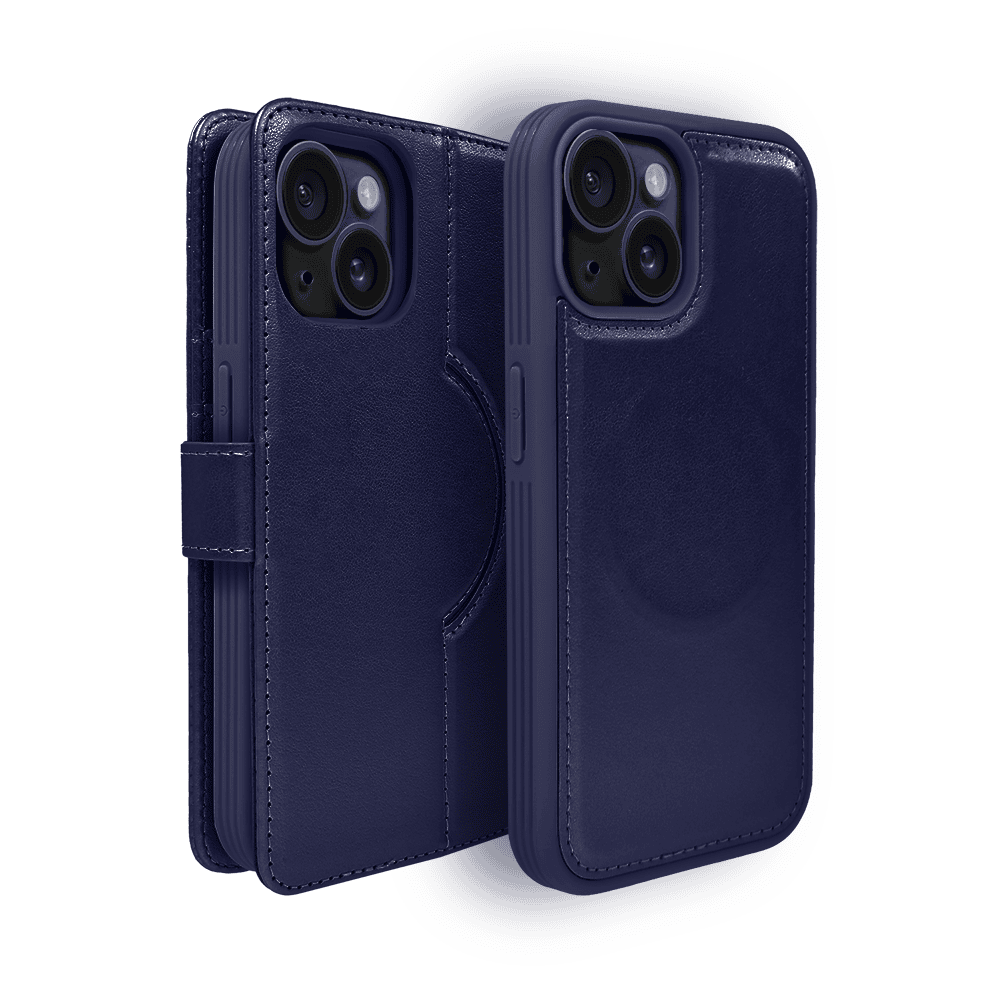 Etui do iPhone 15 3w1 Magsafe Double Book, zestaw etui oraz kabura z podstawką, granatowe