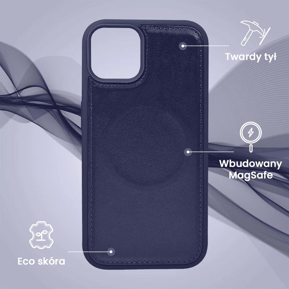 Etui do iPhone 15 3w1 Magsafe Double Book, zestaw etui oraz kabura z podstawką, granatowe