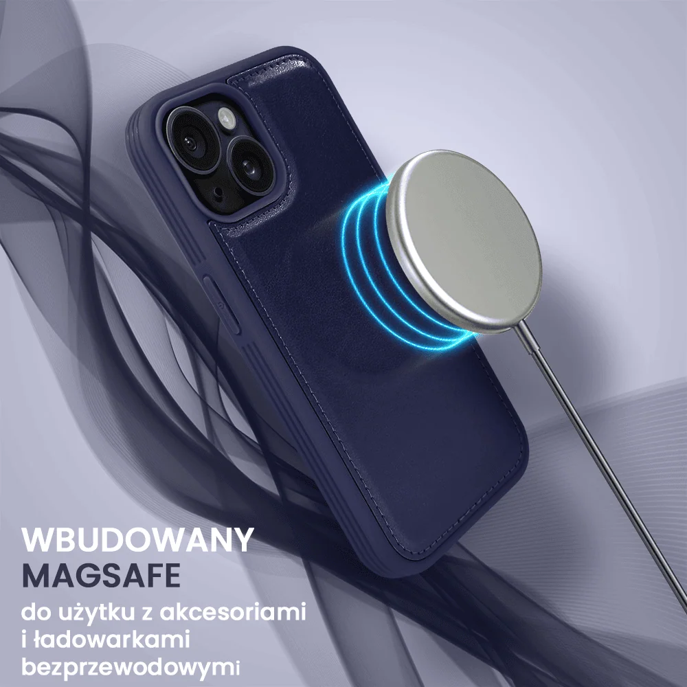 Etui do iPhone 15 3w1 Magsafe Double Book, zestaw etui oraz kabura z podstawką, granatowe