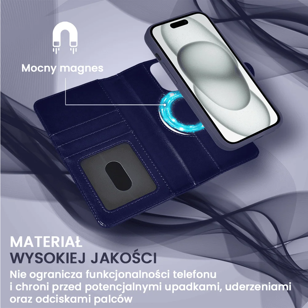 Etui do iPhone 15 3w1 Magsafe Double Book, zestaw etui oraz kabura z podstawką, granatowe