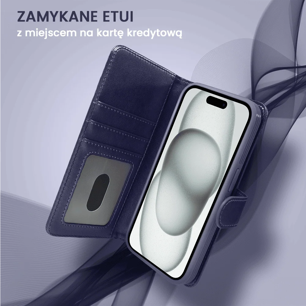 Etui do iPhone 15 3w1 Magsafe Double Book, zestaw etui oraz kabura z podstawką, granatowe