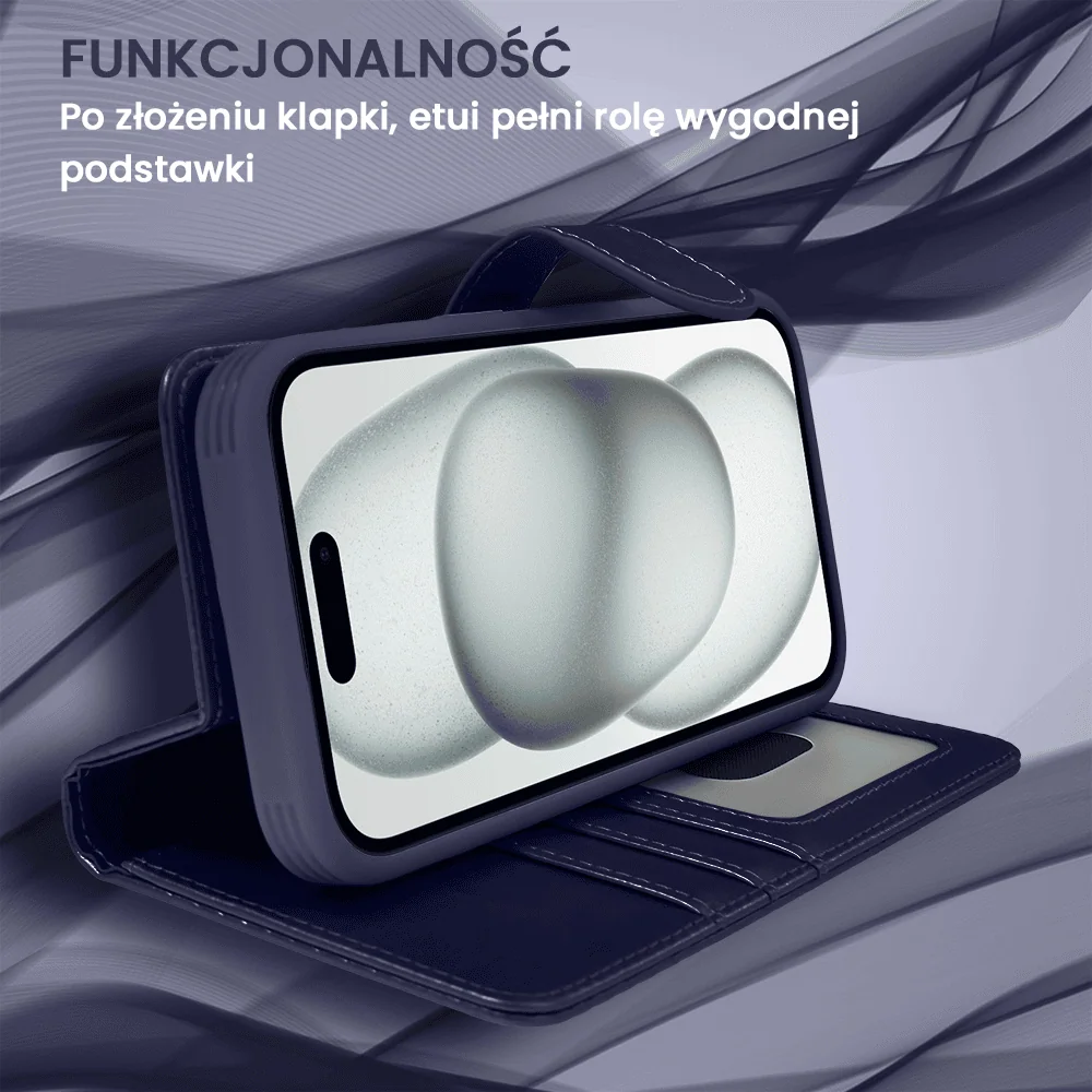 Etui do iPhone 15 3w1 Magsafe Double Book, zestaw etui oraz kabura z podstawką, granatowe