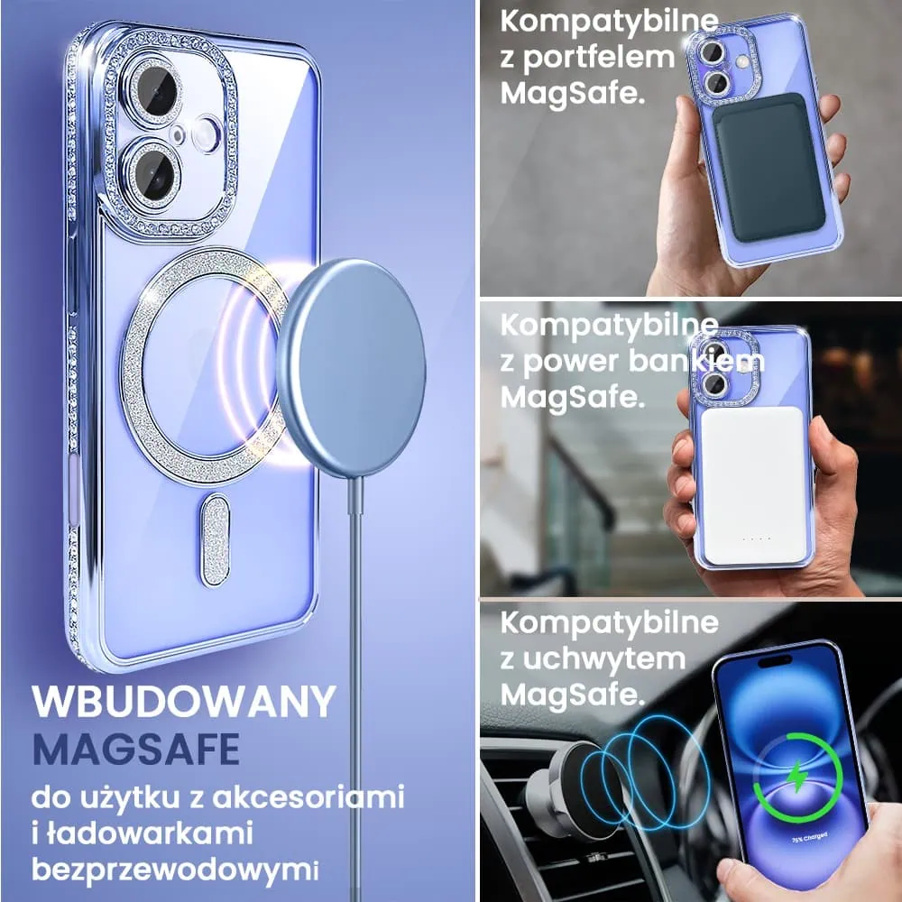 Etui do iPhone 16 Plus Diadem Glow, błyszczące z MagSafe, przeźroczyste, niebieskie