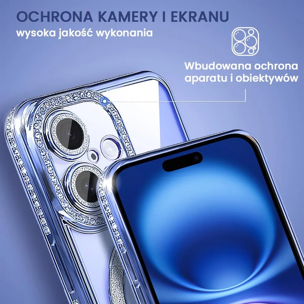 Etui do iPhone 16 Plus Diadem Glow, błyszczące z MagSafe, przeźroczyste, niebieskie