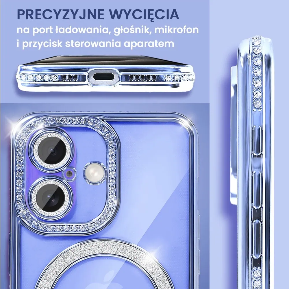 Etui do iPhone 16 Plus Diadem Glow, błyszczące z MagSafe, przeźroczyste, niebieskie