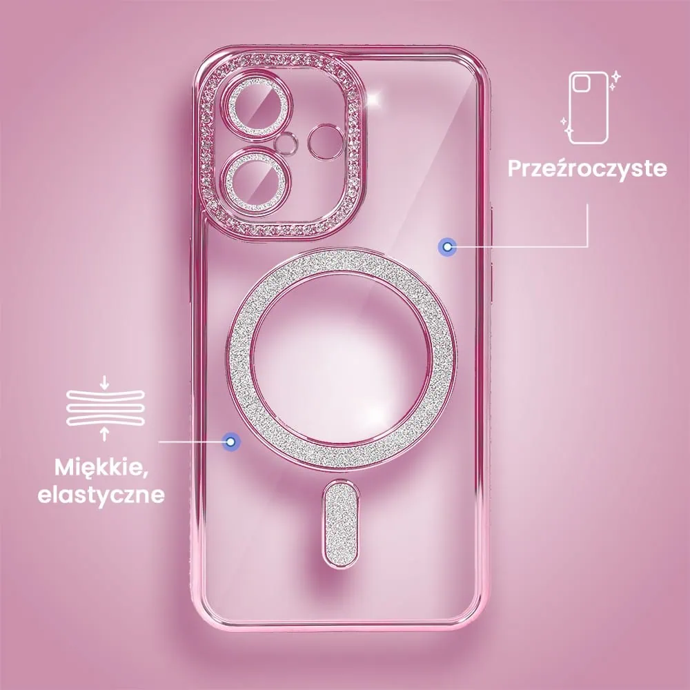 Etui do iPhone 16 Diadem Glow, błyszczące z MagSafe, przeźroczyste, różowe