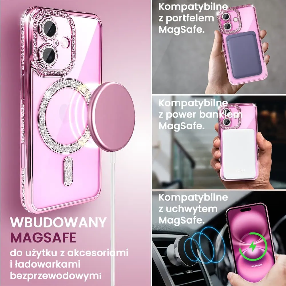 Etui do iPhone 16 Diadem Glow, błyszczące z MagSafe, przeźroczyste, różowe