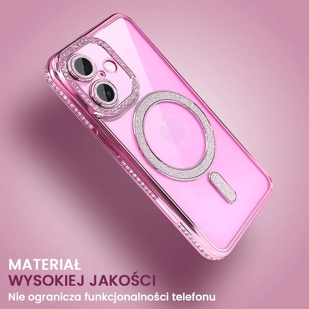 Etui do iPhone 16 Diadem Glow, błyszczące z MagSafe, przeźroczyste, różowe