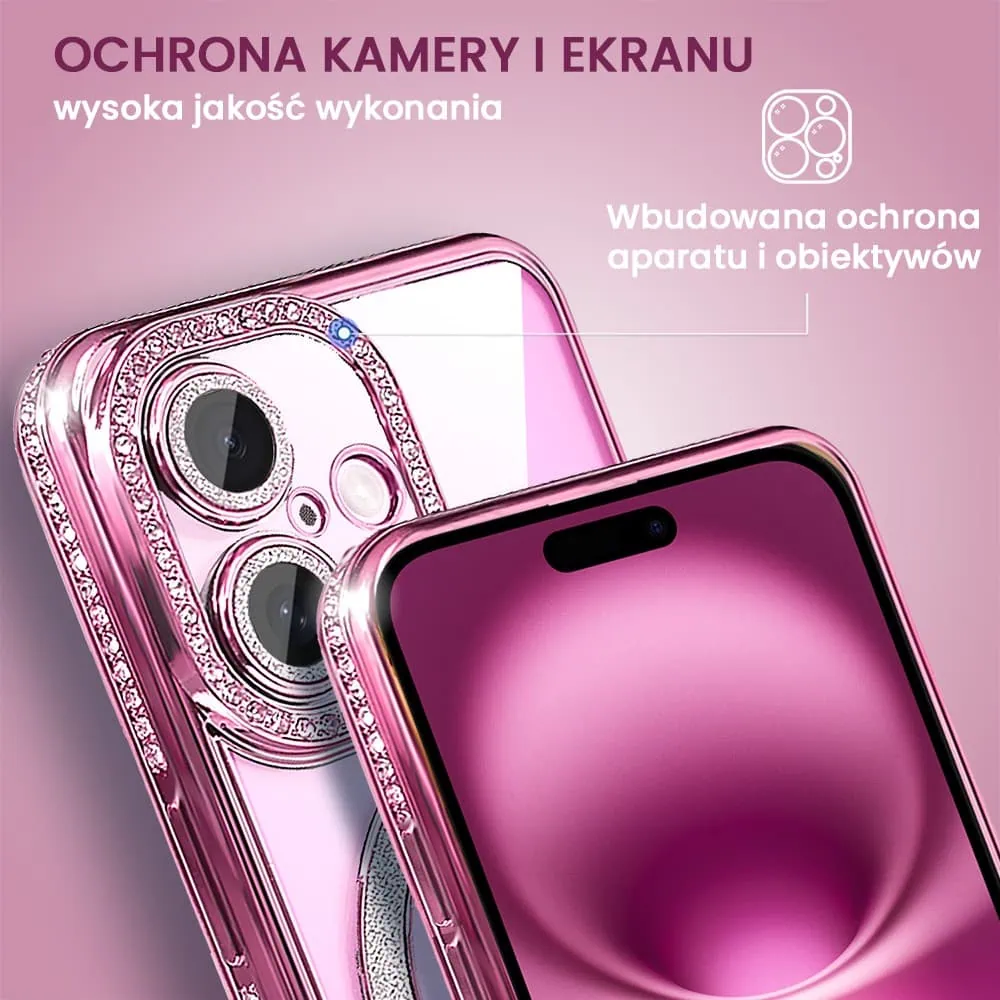 etui do iphone diadem glow, błyszczące z magsafe, przeźroczyste, różowe