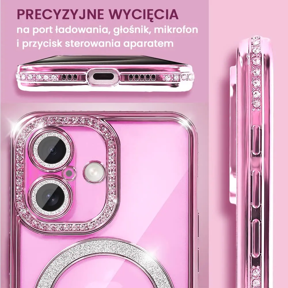 Etui do iPhone 16 Diadem Glow, błyszczące z MagSafe, przeźroczyste, różowe