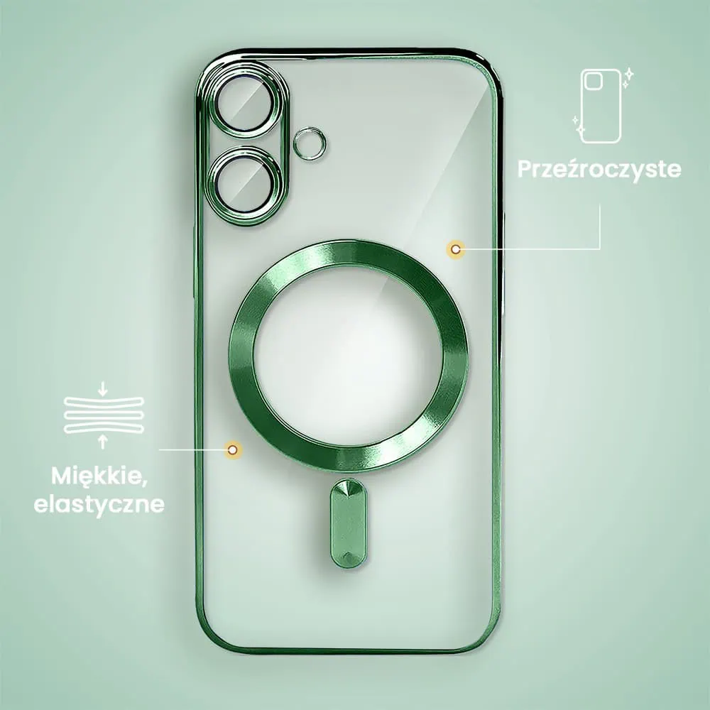 Etui do iPhone 16 MagSafe Luxury Protect przeźroczyste, hybrydowa ochrona kamery, berylowa zieleń