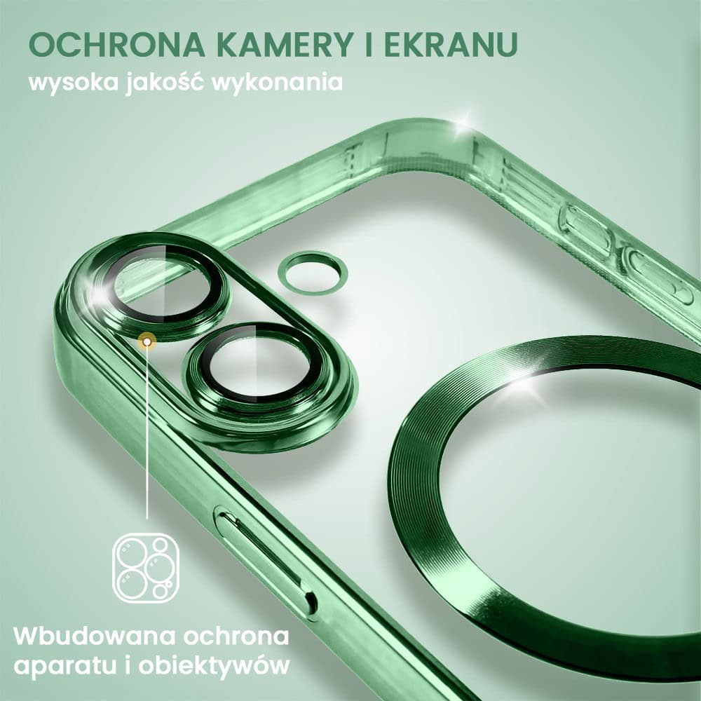 etui do iphone 16 magsafe luxury protect przeźroczyste, hybrydowa ochrona kamery, berylowa zieleń