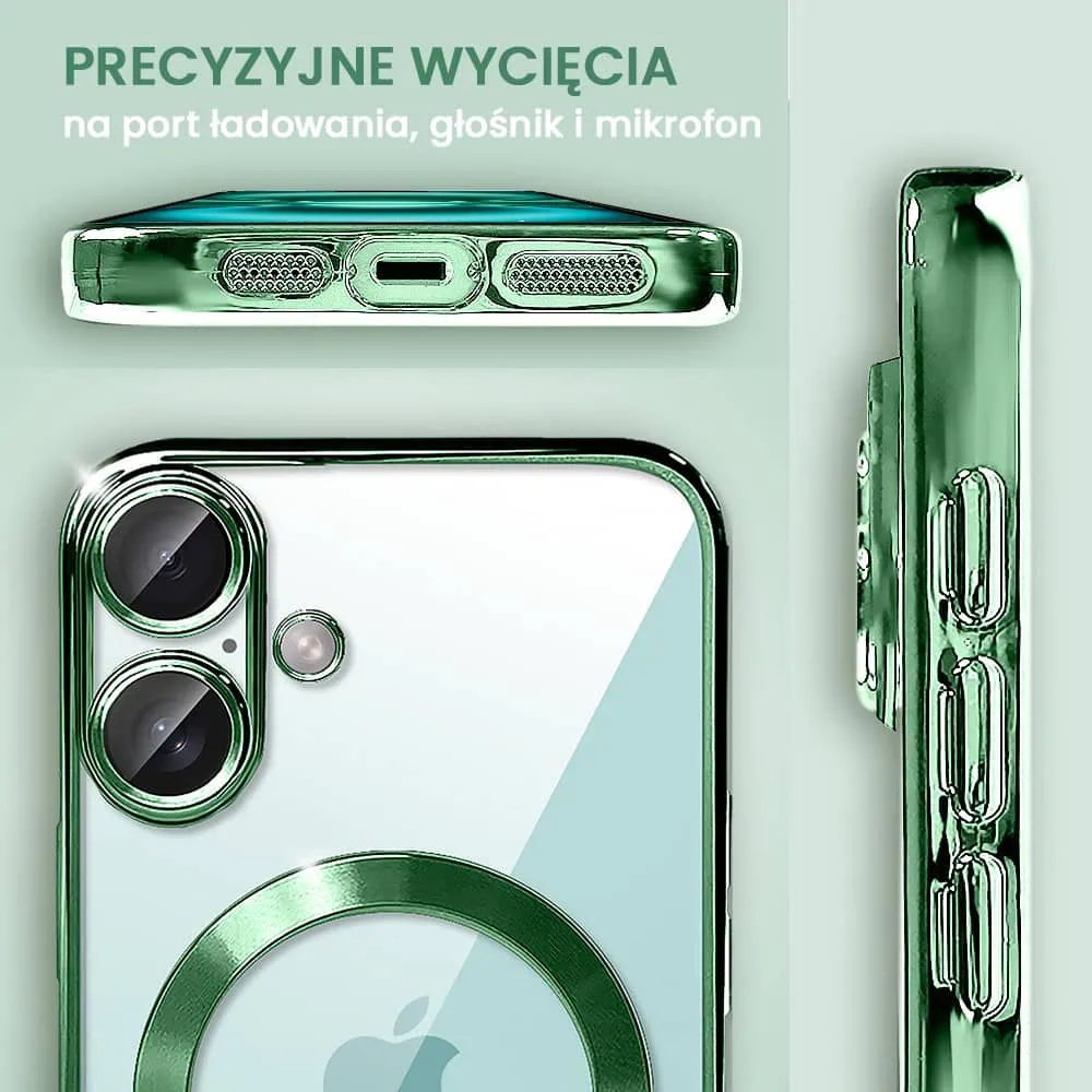 Etui do iPhone 16 MagSafe Luxury Protect przeźroczyste, hybrydowa ochrona kamery, berylowa zieleń