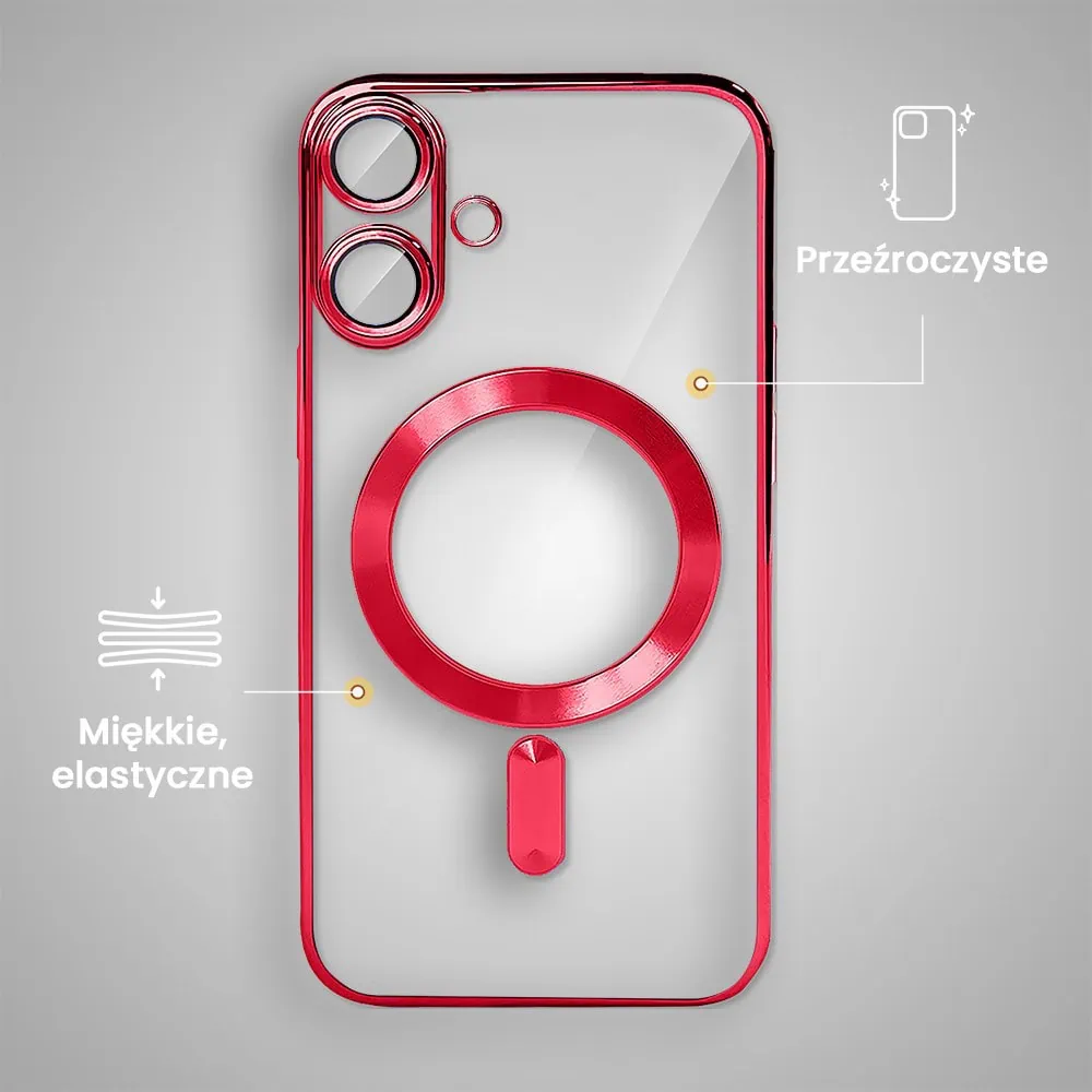 Etui do iPhone 16 MagSafe Luxury Protect przeźroczyste, hybrydowa ochrona kamery, czerwone