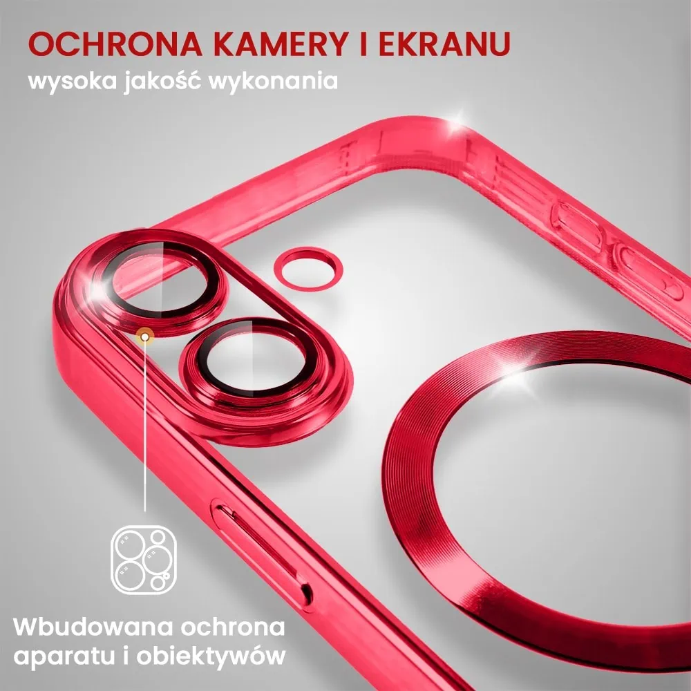 Etui do iPhone 16 MagSafe Luxury Protect przeźroczyste, hybrydowa ochrona kamery, czerwone